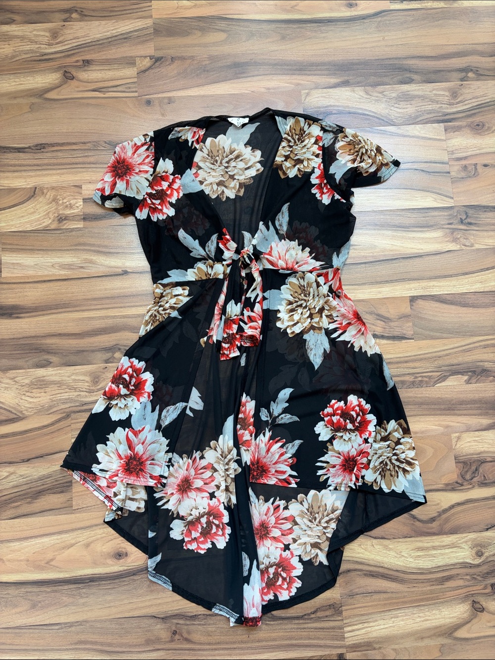 Women's Black Floral Tie-Front Sheer Coverup
